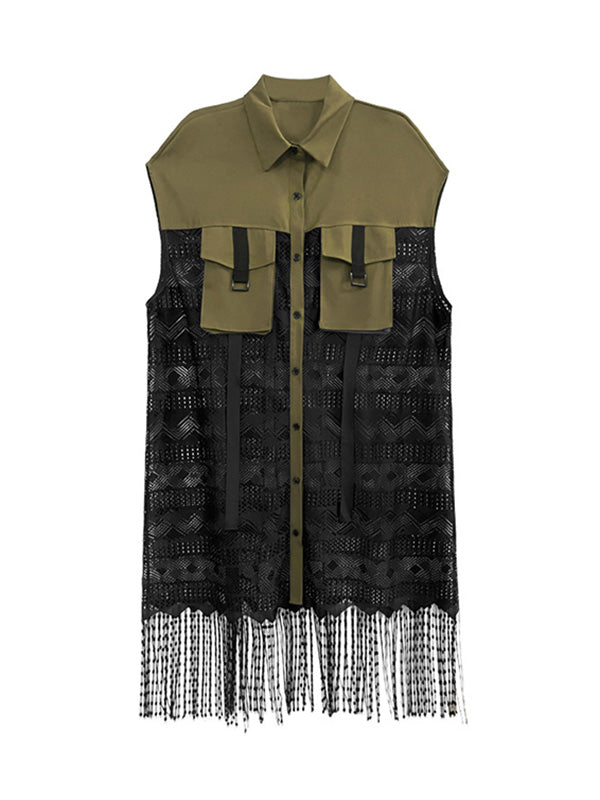 Sleeveless See-Through Split-Joint Tasseled Lapel Lace Midi Dresses