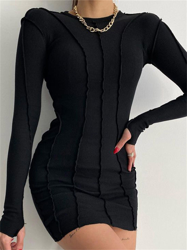 Screw Thread Mini Dress For Women 2025 Spring Ribbed Long Sleeve Bodycon Dresses Pink Streerwear Elastic Casual VestidosChristmas Gifts