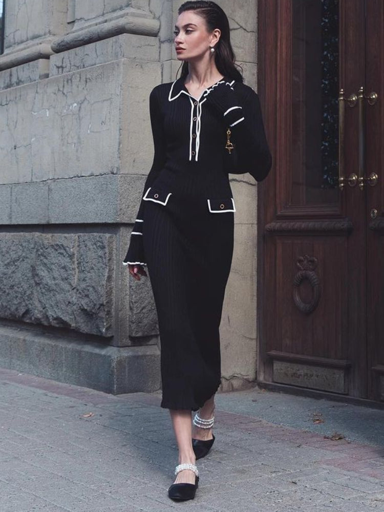 High Waist Ruffled Maxi Dresses For Women Autumn Winter Knitted Slim Long Dress Women's Vintage Dress Woman Retro ElegantChristmas Gifts