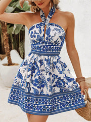 A-Line High Waisted Elasticity Flower Print Hollow Halter-Neck Mini Dresses