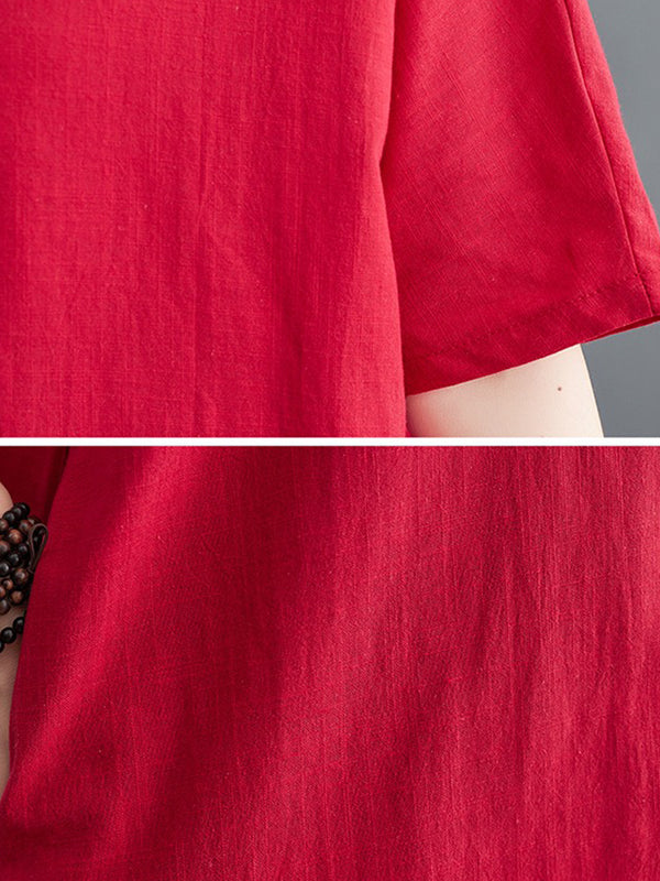 Chinese Frog Buttons Pockets Solid Color Split-Side A-Line Loose V-Neck Midi Dresses
