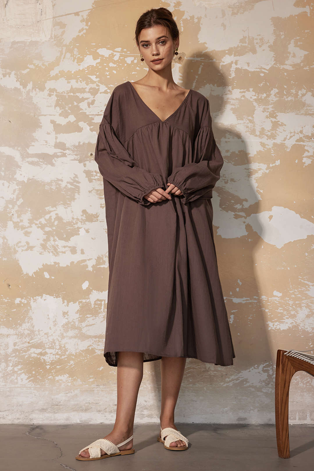 Braided Tie V-neck Lantern Sleeve Ruched Midi Dress