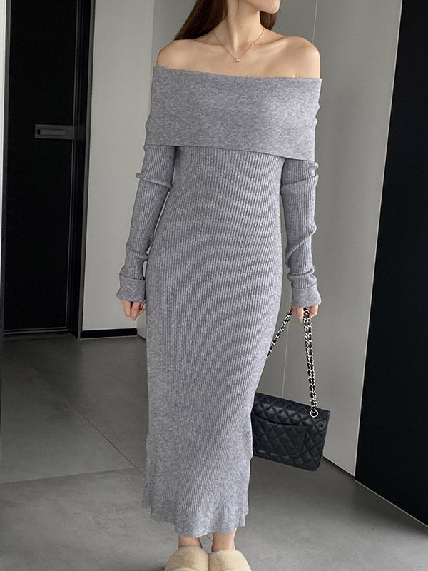 Solid Color Bodycon Long Sleeves Off-The-Shoulder Midi Dresses