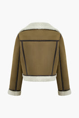 Asymmetrical Zipper Faux Shearling Belt Notched Lapel Coat