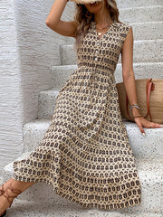 A-Line High Waisted Buttoned Drawstring Pockets Printed Split-Joint V-Neck Midi Dresses