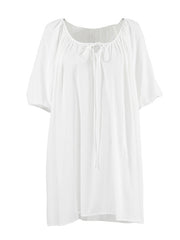 Lace-Up Pleated See-Through Solid Color Loose Puff Sleeves V-Neck Sleep Dress Mini Dresses