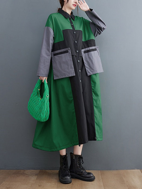 Vintage Loose Long Sleeves Contrast Color Polo Midi Dresses