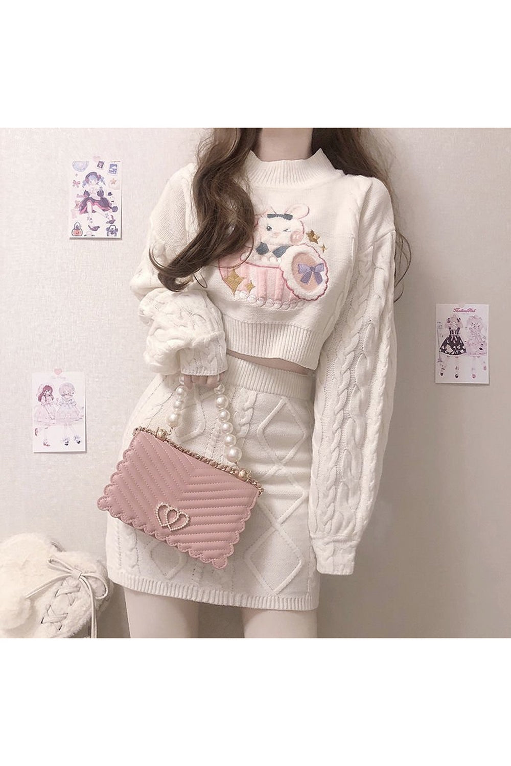 Weihnachts-Thanksg-Geschenke Herbst 2er-Set Niedlicher Kaninchen-Stickerei-Strickpullover und Rock