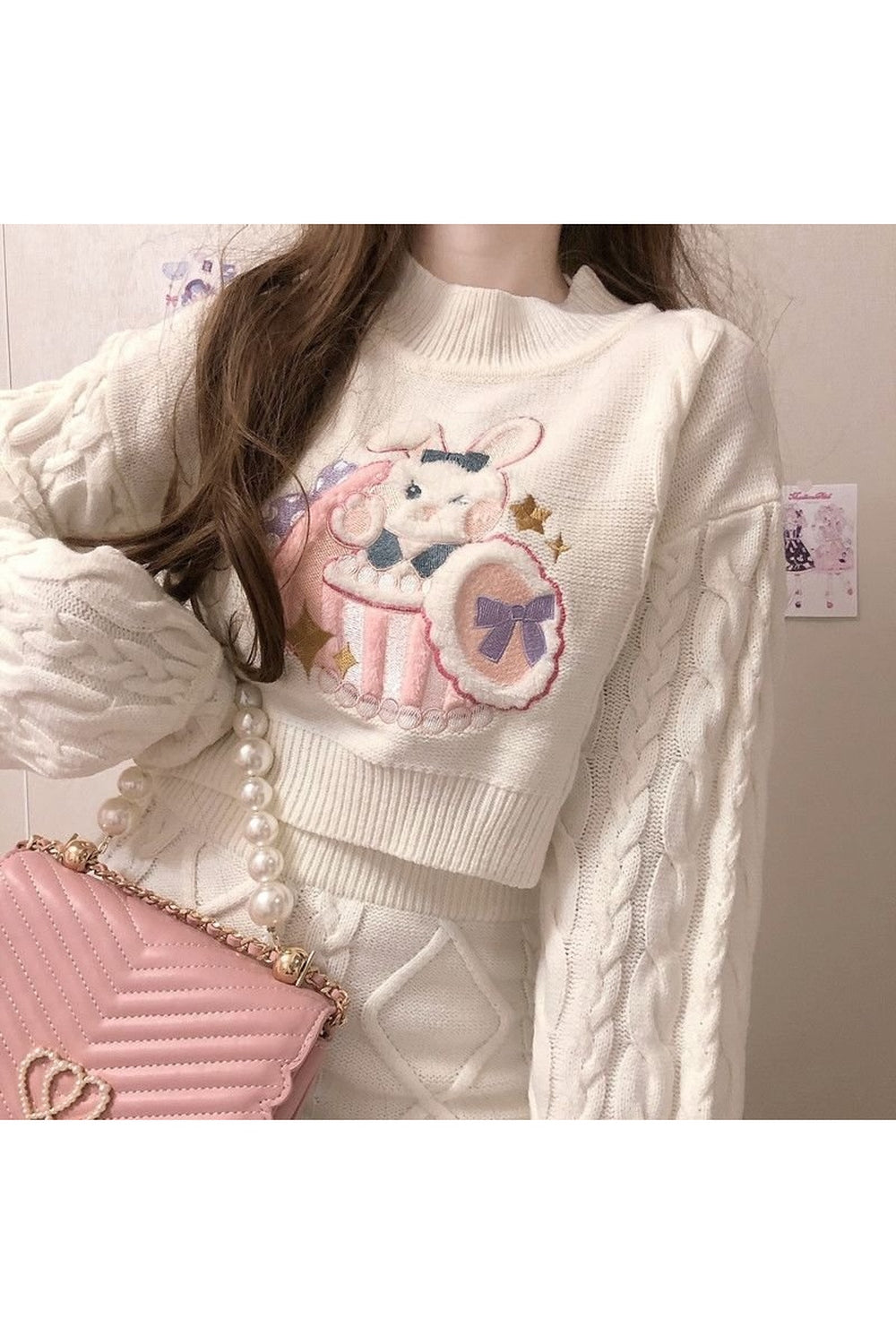 Weihnachts-Thanksg-Geschenke Herbst 2er-Set Niedlicher Kaninchen-Stickerei-Strickpullover und Rock
