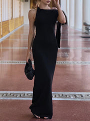 Asymmetric Solid Color Split-Joint Streamer Skinny Sleeveless One-shoulder Maxi Dresses Evening Dresses