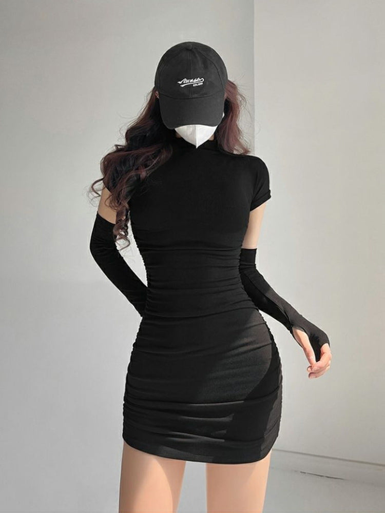 Women's Tight Hip Wrap Mini Dress with Sleeves Spicy Girls Slim Dresses Bodycon Party Clothing Sexy Summer