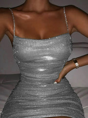 Sparkly Party Dress Women Rhinestone Straps Pleated Sexy Bodycon Mini Dresses Elegant Ladies Sleeveless Evening VestidosChristmas Gifts