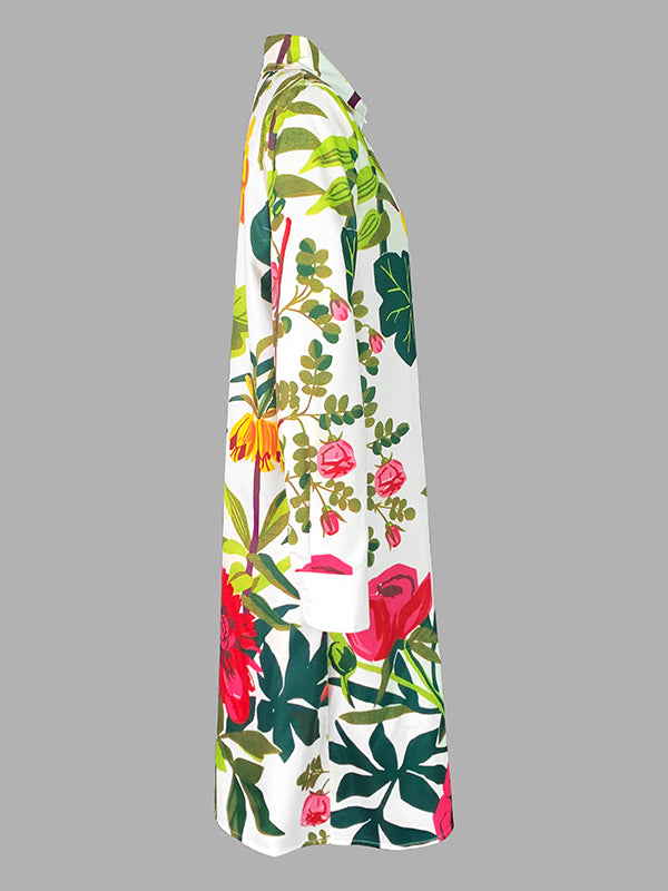 A-Line Long Sleeves Flower Print Pockets Split-Joint Lapel Midi Dresses