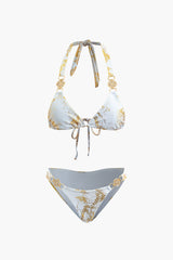 Metallic Stamping Back Tie Halter Bikini Set