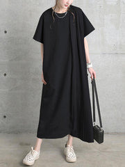 Loose Short Sleeves Pleated Solid Color Split-Joint Round-Neck Midi Dresses