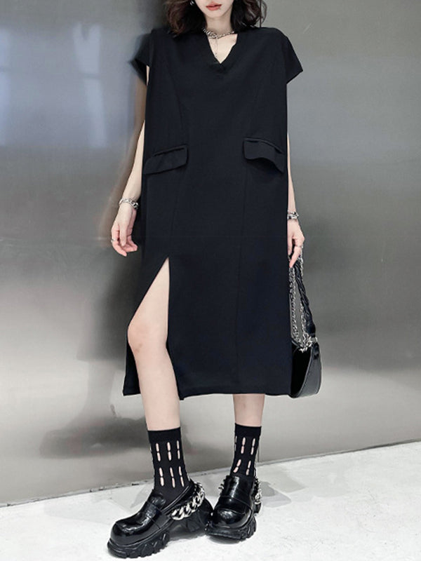 Loose Short Sleeves Asymmetric Solid Color Split-Joint Split-Side V-Neck Midi Dresses