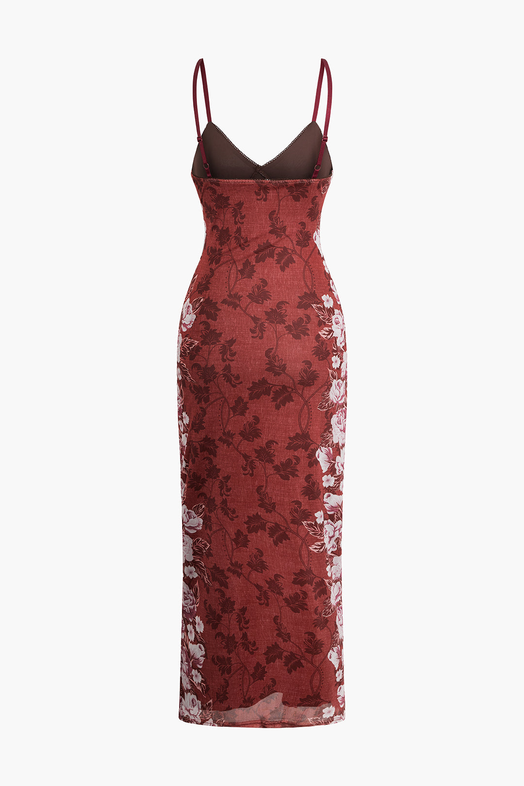 Floral Print V-neck Mesh Adjust Strap Maxi Dress