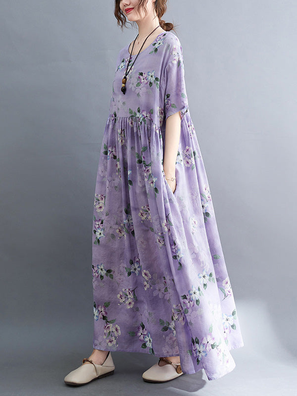 Vacation Short Sleeves Loose Floral Printed Round-Neck Midi Dresses
