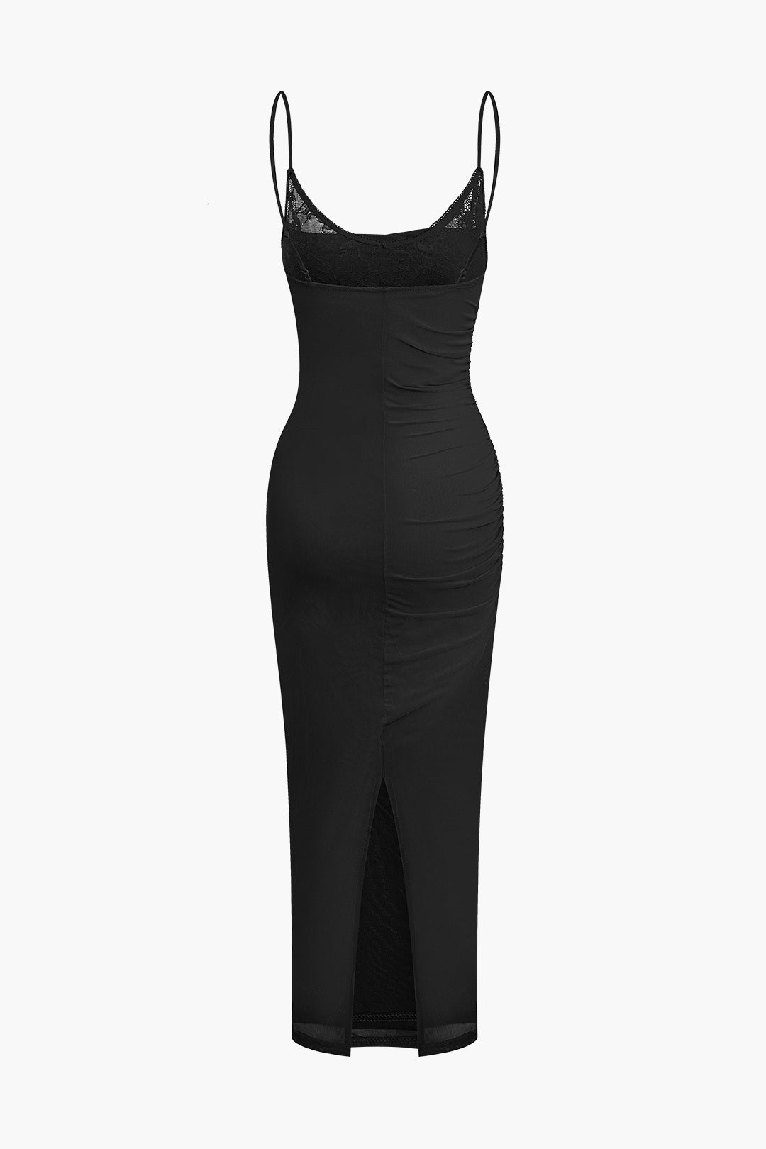 Maxikleid mit Spitzen-Netzstoff, gerüschtem Schlitz 