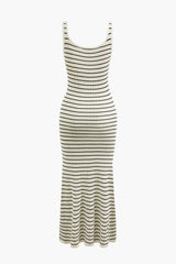 Stripe Square Neck Rib Knit Midi Dress