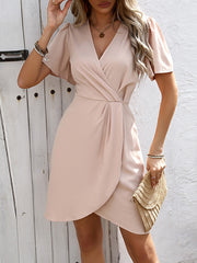 A-Line Short Sleeves Pleated Solid Color Split-Joint Zipper V-Neck Mini Dresses
