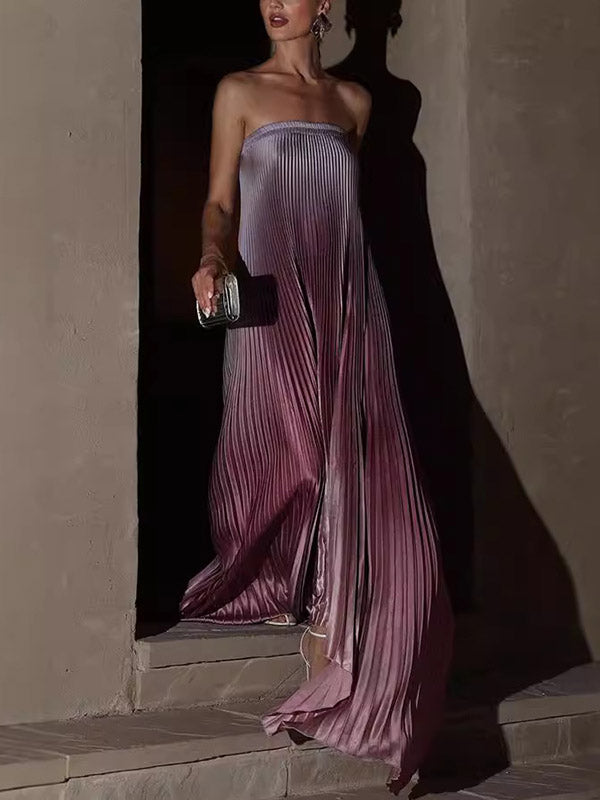 Elasticity Gradient Pleated A-Line Loose Tube Maxi Dresses Evening Dresses