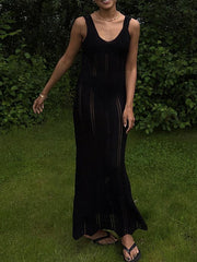 Backless Hollow See-Through Solid Color Split-Joint Skinny Sleeveless Wide Straps Maxi Dresses