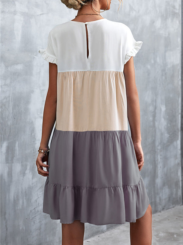 Contrast Color Falbala Pleated Split-Joint Loose Ruffle Sleeves Round-Neck Mini Dresses