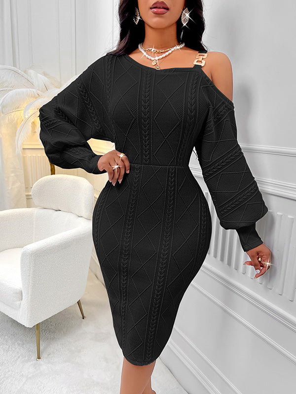 Solid Color Split-Joint Bodycon Long Sleeves Cold Shoulder Midi Dresses