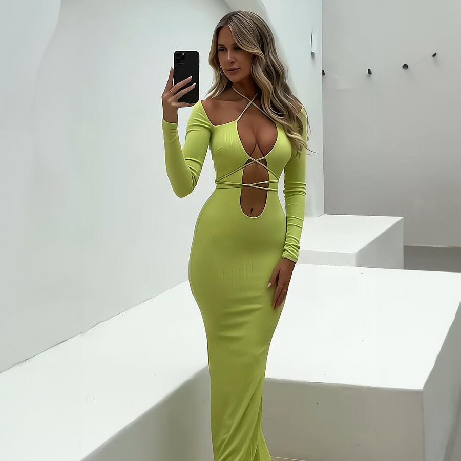 Hollow Out Sexy Dress For Women Lace Up Slim Bodycon Dress Women's Party Temperament Maxi Dresses Woman Clothes 2025 NewChristmas Gifts