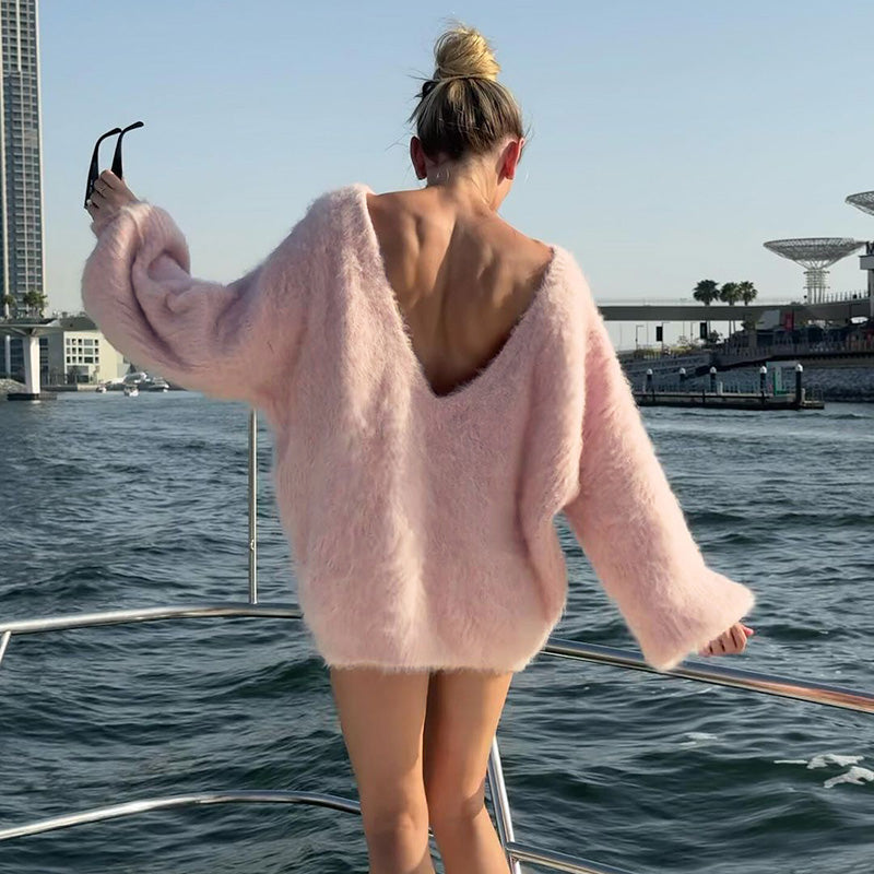 2025 Autumn Long Sleeve Sexy Big Backless Knitted Sweater Dress For Women Fashion Solid Loose Sweater Pullover StreetwearChristmas Gifts
