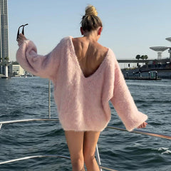 2025 Autumn Long Sleeve Sexy Big Backless Knitted Sweater Dress For Women Fashion Solid Loose Sweater Pullover StreetwearChristmas Gifts