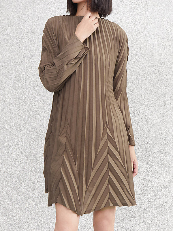 A-Line Long Sleeves Pleated Solid Color Round-Neck Mini Dresses