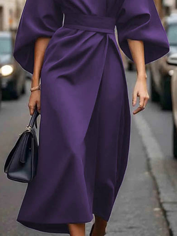 Pleated Solid Color Split-Joint Loose Puff Sleeves Round-neck Midi Dresses