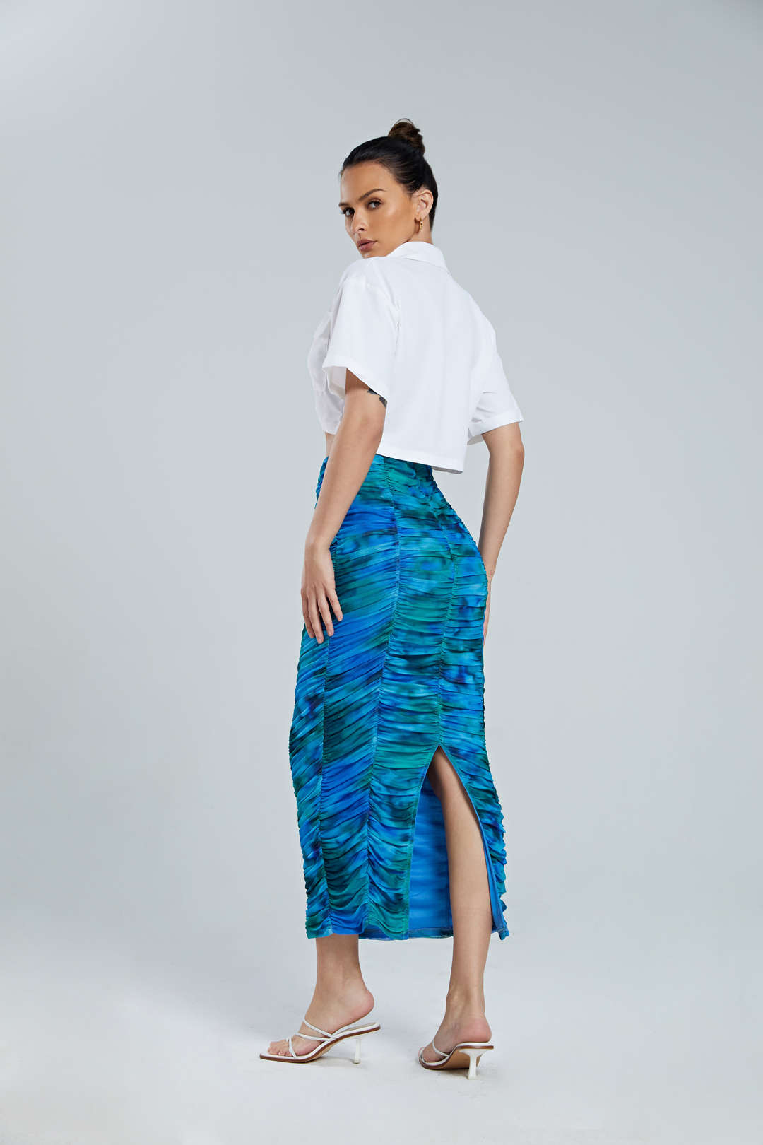 Abstract Print Gathered Slit Midi Skirt