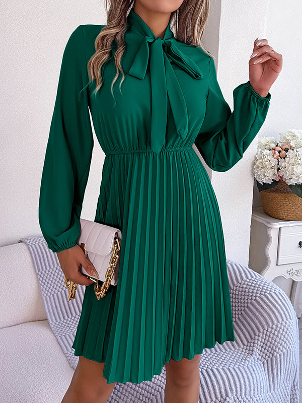 Pleated Solid Color Tied Long Sleeves Loose Mock Neck Mini Dresses