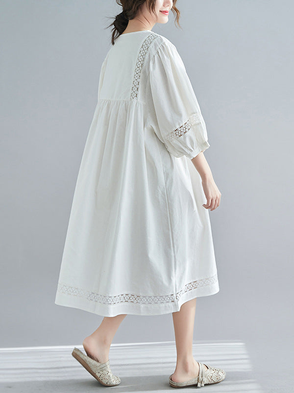 Vintage Hollow Split-Joint Loose Bishop Sleeve Midi Dress