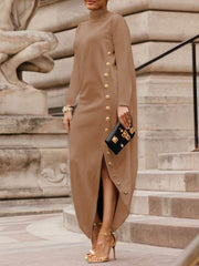Long Sleeves Loose Asymmetric Buttoned Split-Joint Split-Side Mock Neck Maxi Dresses