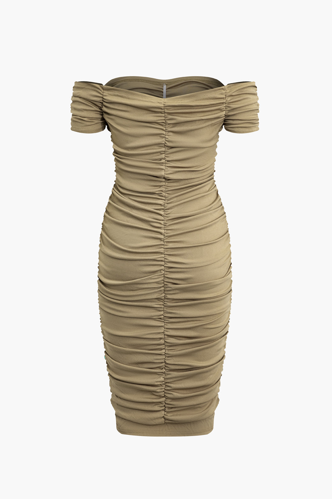 Gerüschtes, schulterfreies Midikleid 