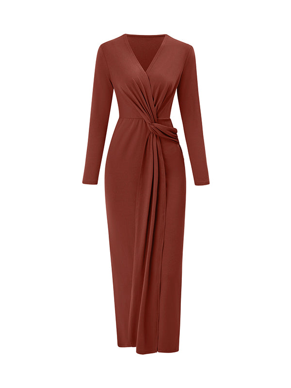 Bodycon Long Sleeves Bowknot Solid Color V-neck Maxi Dresses