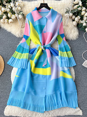 Flared Sleeves Loose Belted Contrast Color Pleated Midi Dresses