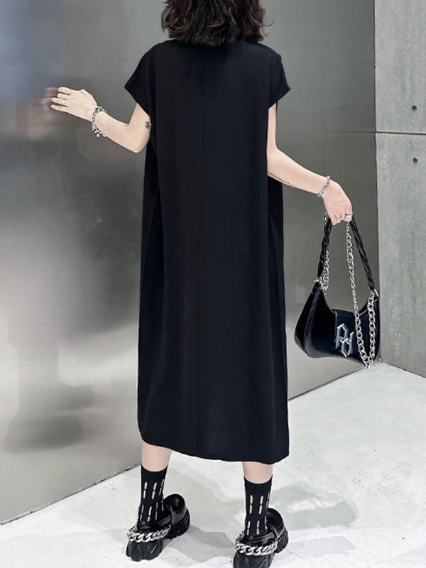Loose Short Sleeves Asymmetric Solid Color Split-Joint Split-Side V-Neck Midi Dresses