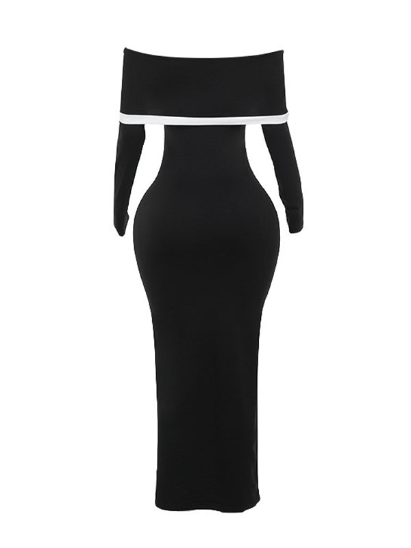 Bodycon Long Sleeves Contrast Color Split-Joint Off-The-Shoulder Evening Dresses Maxi Dresses