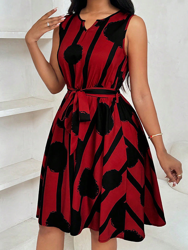 Contrast Color Tied Waist A-Line Loose Round-Neck Mini Dresses