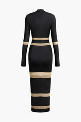 Mesh Patchwork Mock Neck Long Sleeve Maxi Dress