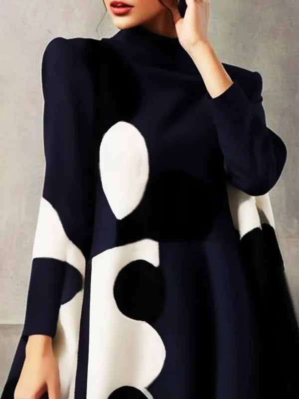 Polka-Dot Split-Joint A-Line Long Sleeves Mock Neck Mini Dresses