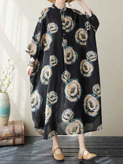 Buttoned Flower Print Loose Three-quarter Sleeves Stand Collar Midi Dresses