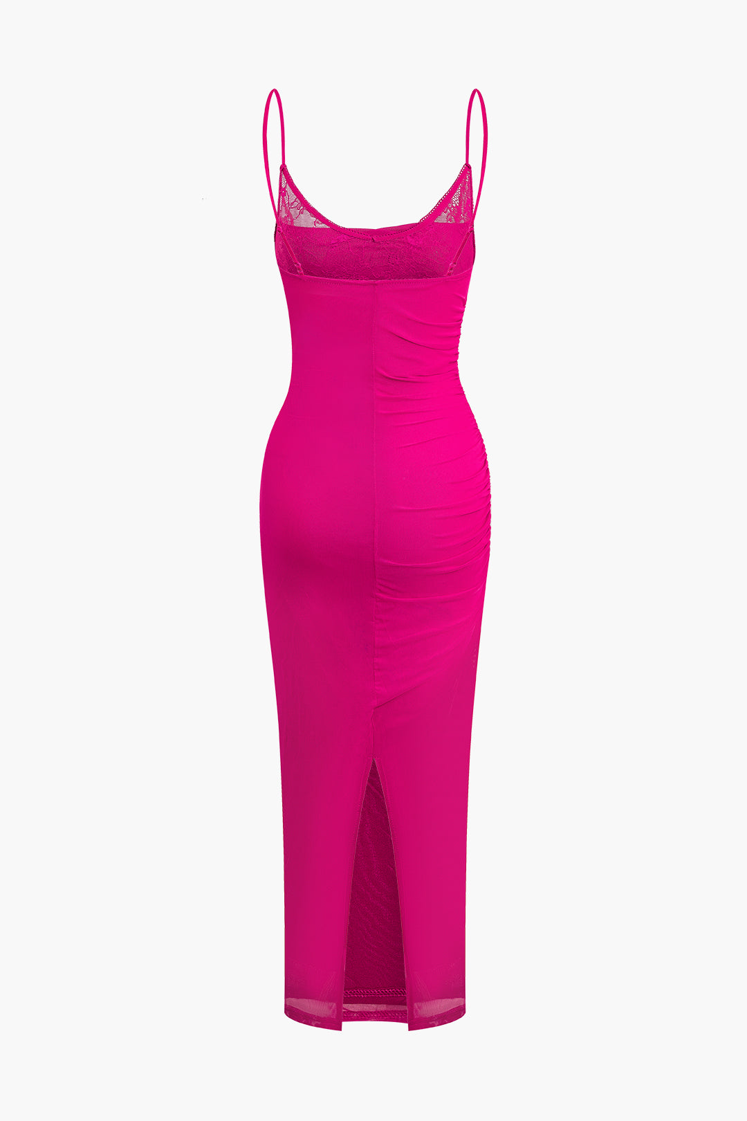 Maxikleid mit Spitzen-Netzstoff, gerüschtem Schlitz 
