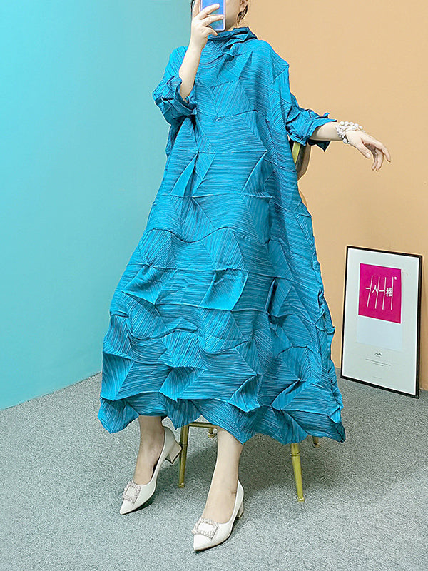 Pleated Solid Color Long Sleeves Loose Stand Collar Maxi Dresses