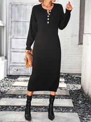 Buttoned Split-Joint Long Sleeves Loose Round-Neck Sweater Dresses Midi Dresses